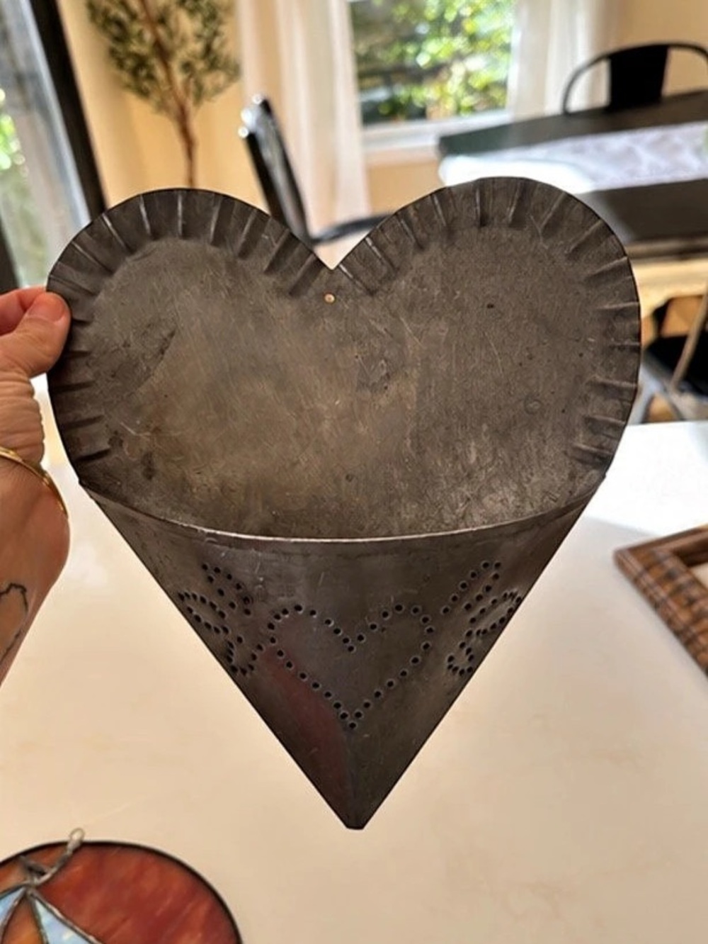 Vtg punched tin heart pocket wall hanger